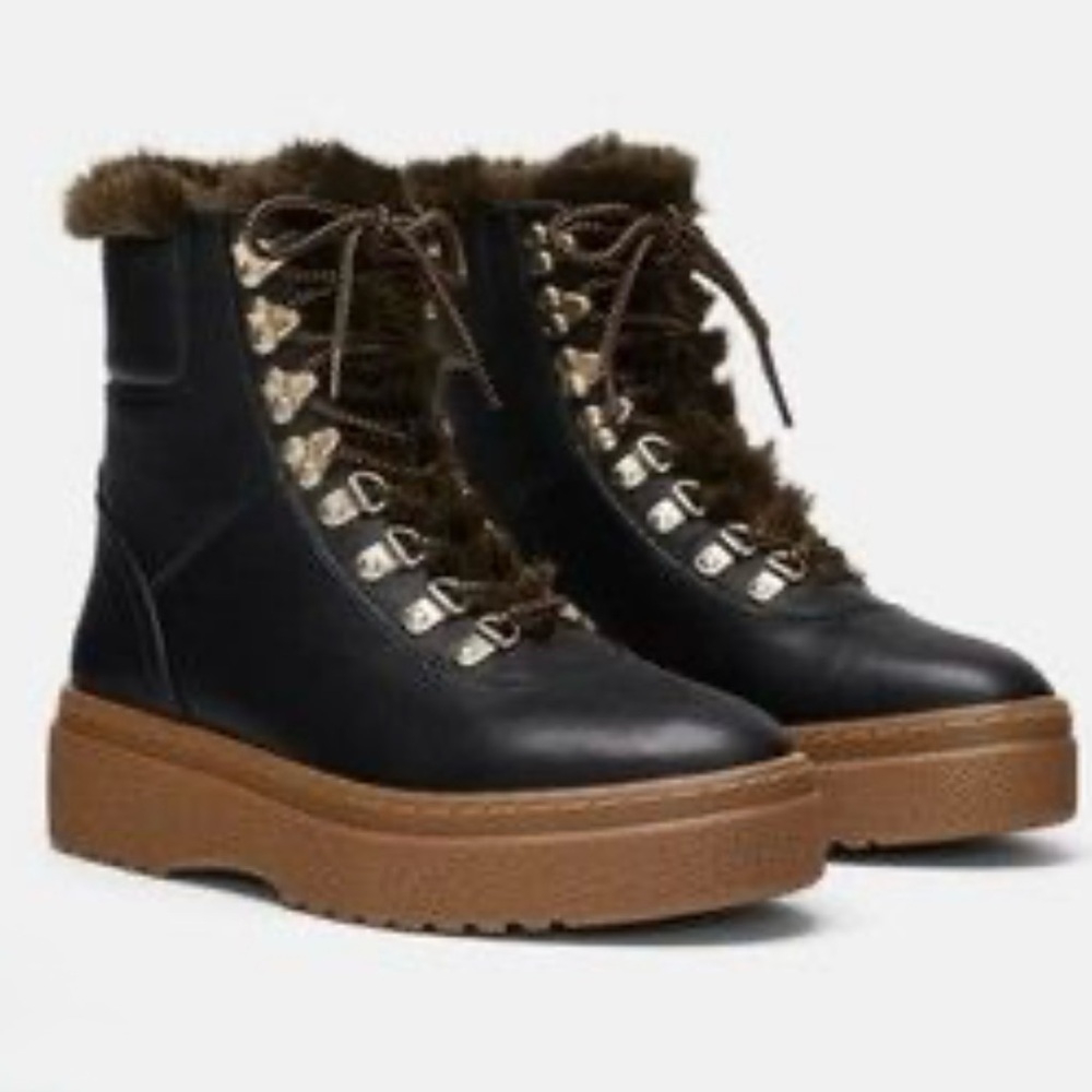 Zara Black Faux Fur-Trim Platform Lace-Up Ankle Boots
